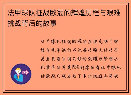 法甲球队征战欧冠的辉煌历程与艰难挑战背后的故事