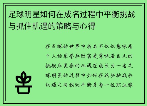 足球明星如何在成名过程中平衡挑战与抓住机遇的策略与心得