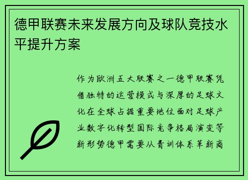 德甲联赛未来发展方向及球队竞技水平提升方案